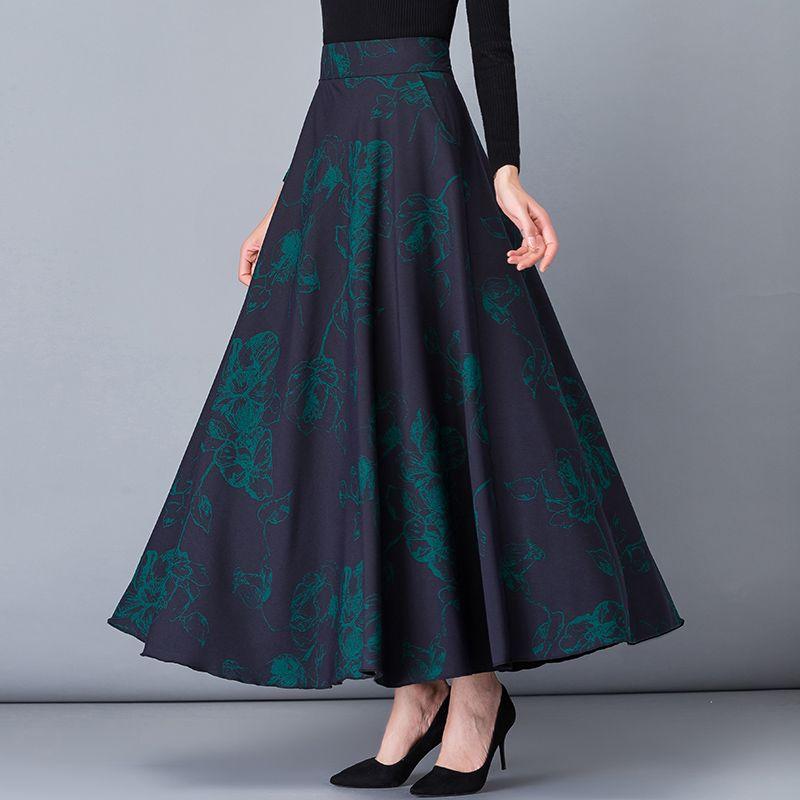 Herbst- und Winterrock Damen Ethnischer Stil Druck Hoher Bund A-Linie Rock Mittellang Großer Schwingender Rock Tanzender Winterrock