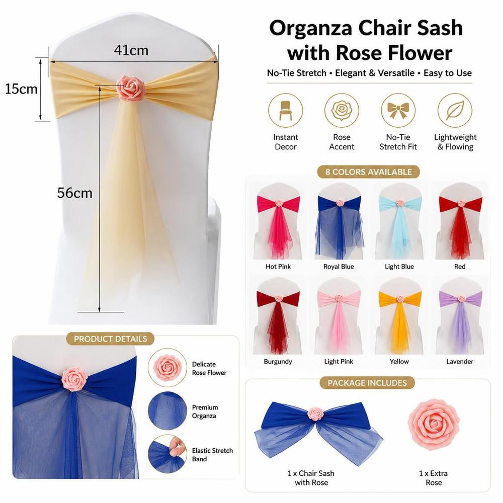 Rose Flower Chair Back Bow Decorative Belt Elastic Band Chair Bandage Home Decor Supplies