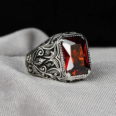 Silver New Ring Personality Fashion Creative Inlaid Square Red Zircon Men Ring