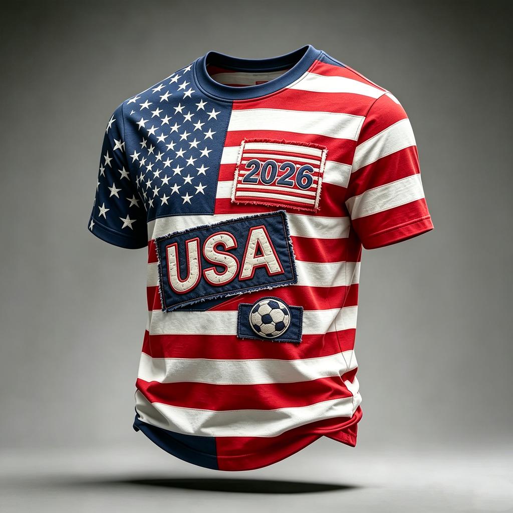 Men's Casual Printed Crew Neck Lightweight Breathable Short Sleeve T-Shirt USA Flag Design Soccer Patch 2026 Number Graphic