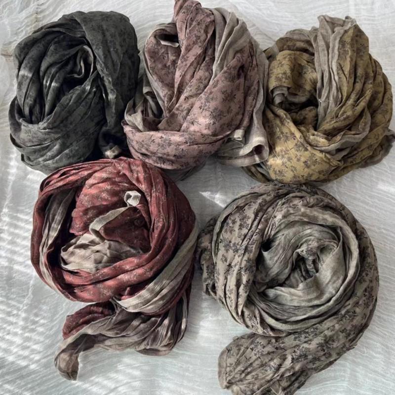 Johnature Floral Edging Scarf Women Retro Japanese Versatile Pleated Shawl Four Seasons Decorative Scarf Women