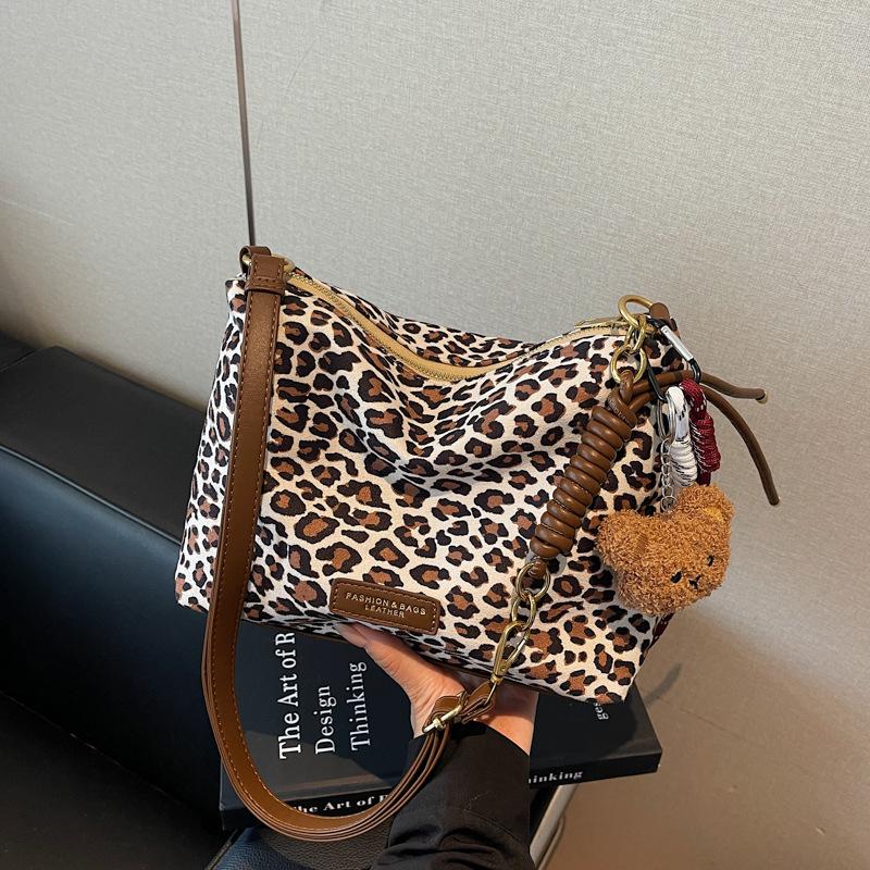 Women's Suede Leopard Print Large-Capacity Retro Crossbody Tote Bag