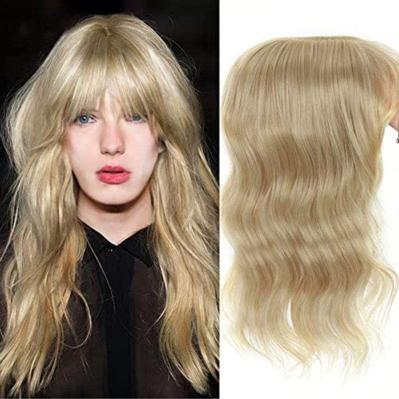 Body Wavy/Curly Hair Topper With Air Bangs For Women,Synthetic Hairpiece Clip in Hair Extension Add Volume Wig for Covering White Hair Hair Loss