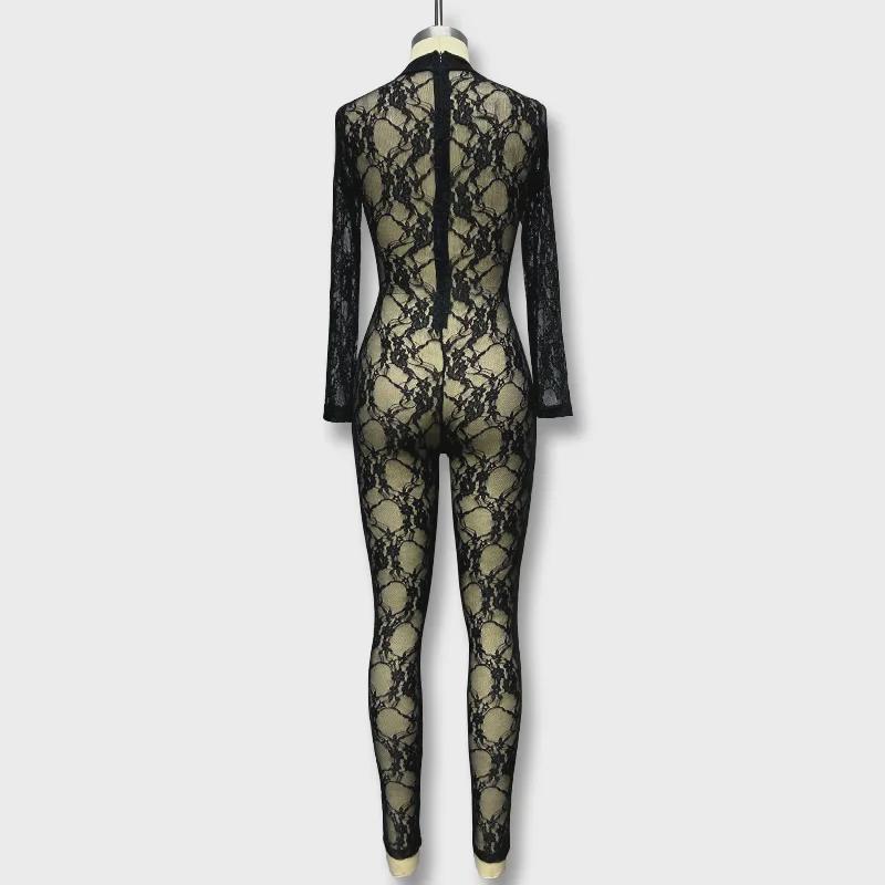 2023 Sexy Lace See-Through Long-Sleeve Jumpsuit for Women - Slim Fit, Popular European & American Fashion