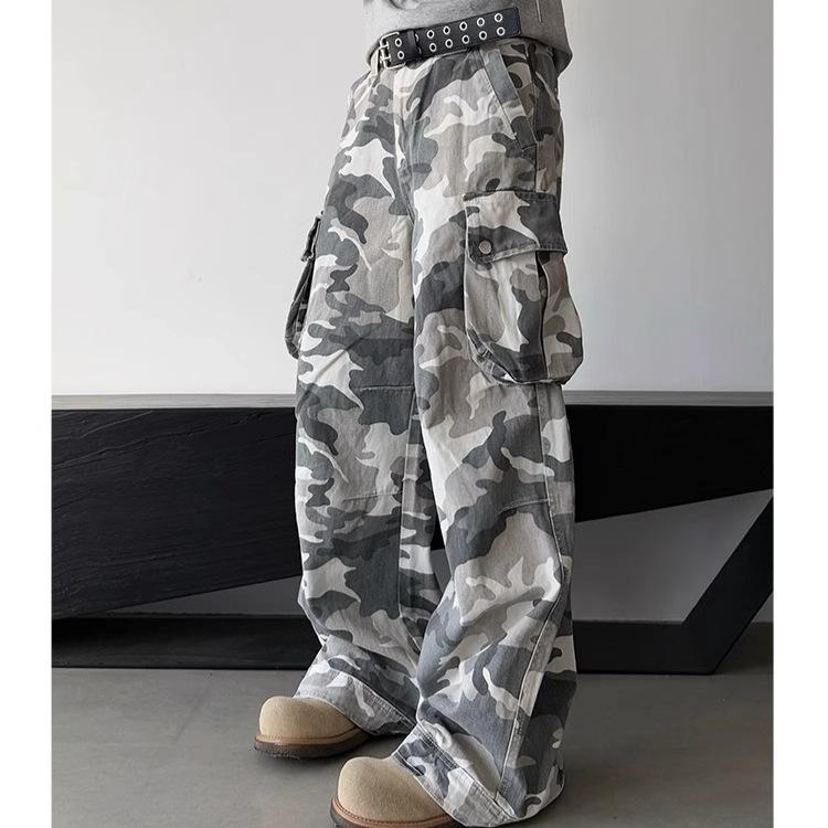 White gray camouflage washed old big pocket jeans men's trendy street versatile loose wide-leg scimitar trousers
