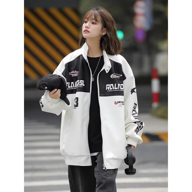 Vintage Motorcycle Racing Jacket PU Leather Biker Coat Stand Collar Black White Contrast Unisex Streetwear Outerwear