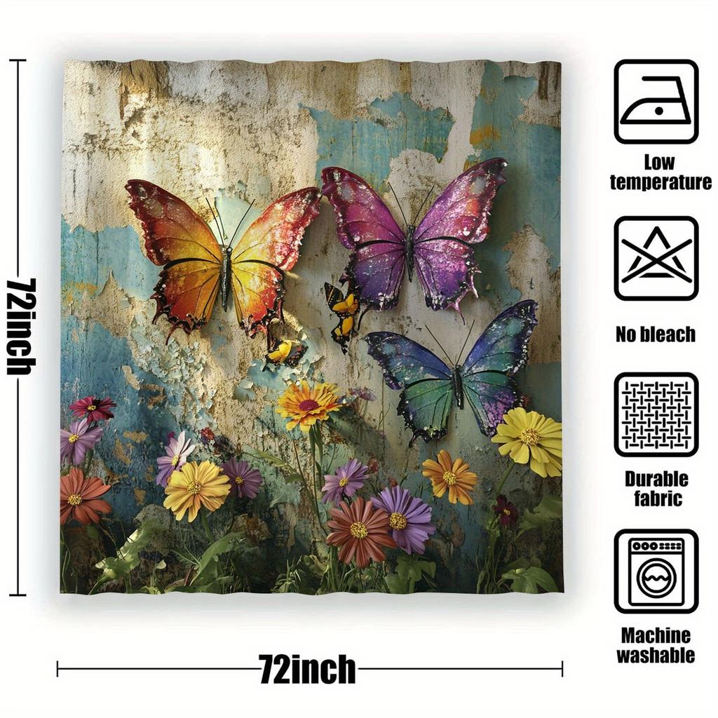 Waterproof 12 Hooks Machine Washable Colorful Butterfly Pattern One Piece Shower Curtain Suitable for Room Home Hotel Bathroom