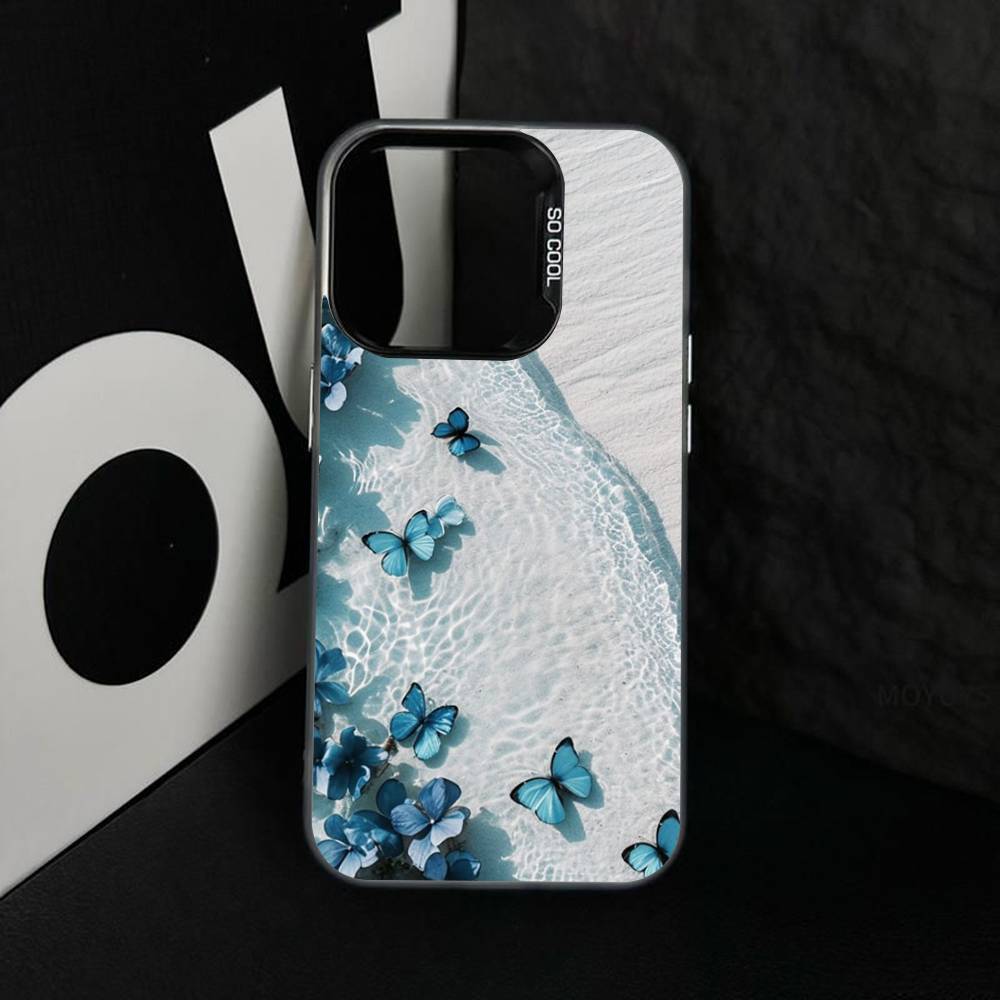 Blue Butterfly Ocean Waves Phone Case For iPhone 17 16 15 14 13 12 11 XS XR X Pro Max Plus Colored Silver Plated Cover