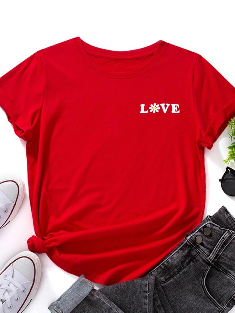 Brust Kleiner Gänseblümchen Liebesbrief Druck Damen T-Shirt Kurzarm O-Ausschnitt Locker Damen T-Shirt Damen T-Shirt Tops Camisetas Mujer