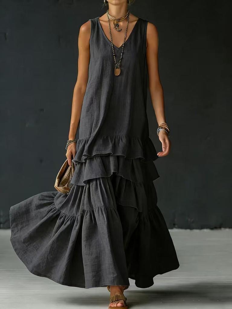 Vestido sin mangas para mujer con cuello en V y volantes en cascada, moda de primavera, casual, nuevo, color liso, holgado, dobladillo ancho, vestido largo