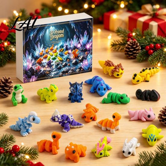 Plastic Dinosaur Figures 3D Printed Advent Calendar 24-Day Mini Articulated Figure Set Holiday Calendar for Kids Christmas Countdown Box with