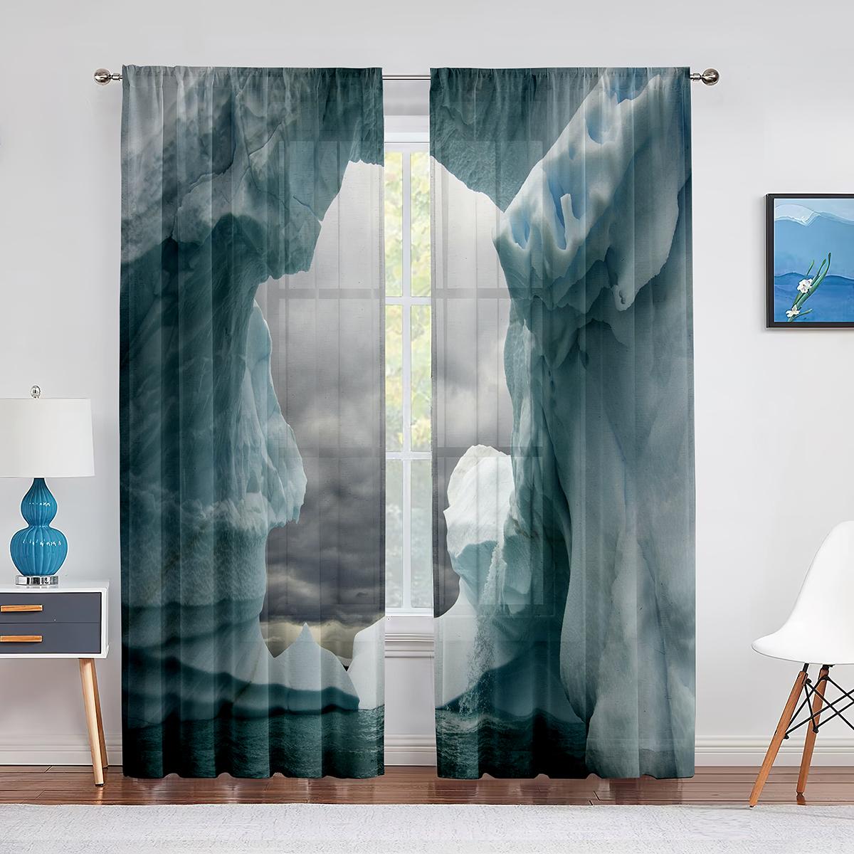 

Милые пингвины Дикая природа Тюлевые шторы Айсберги Антарктида Природная сцена Прозрачная вуалевая штора для декора гостиной, спальни, кухни 1 PCS W100XH250cm&Grommet Top