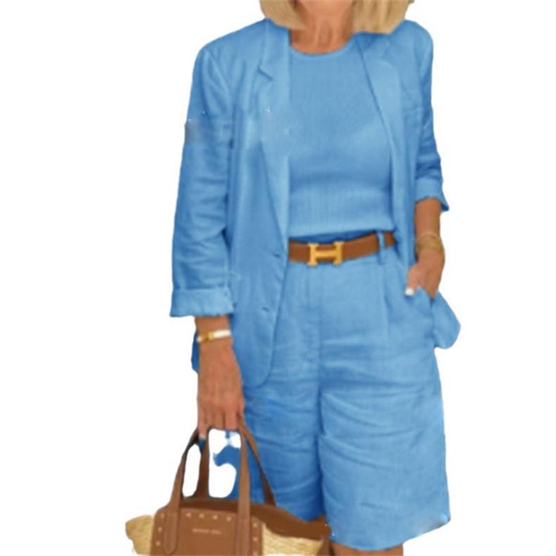 Damski kardigan bawełniano-lniany na wiosnę i jesień 2025: Dwuczęściowy zestaw z topem i szortami