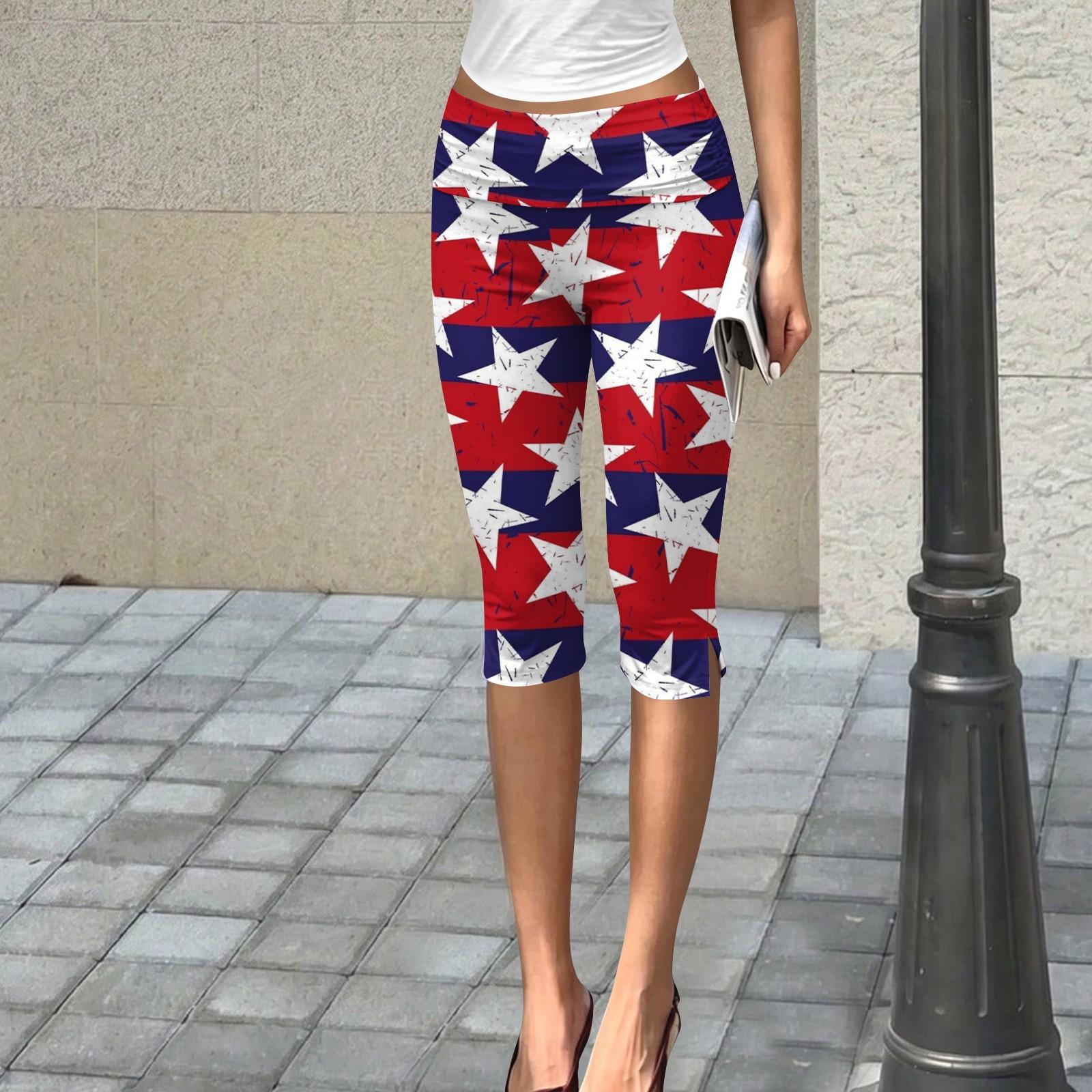 

Women’s Slim Fit Ruched Capris with Independence Day Star Stripe Print High Waist Stretchy Cropped Pants for Summer M