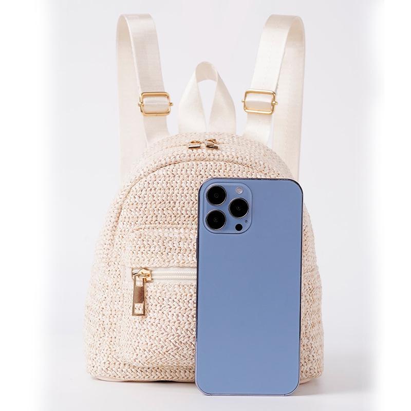 Women's Ethnic-Style Straw Backpack with Double Layer Zipper