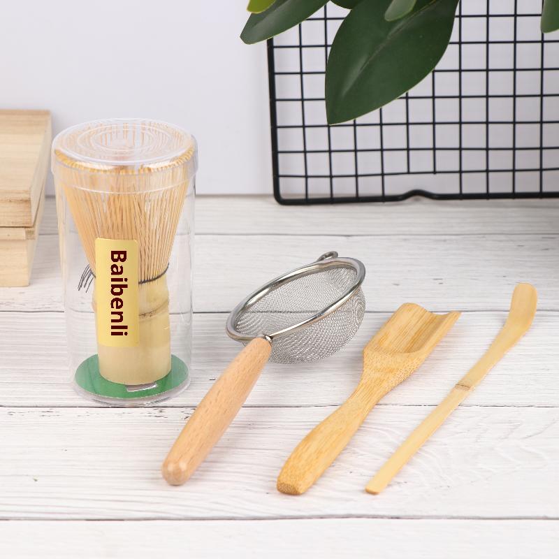 4Pcs Matcha Whisk Set Handmade Bamboo Matcha Whisk Traditional Tea Scoop Deep Scoop Tea Strainer Clear Whisk Storage Holder