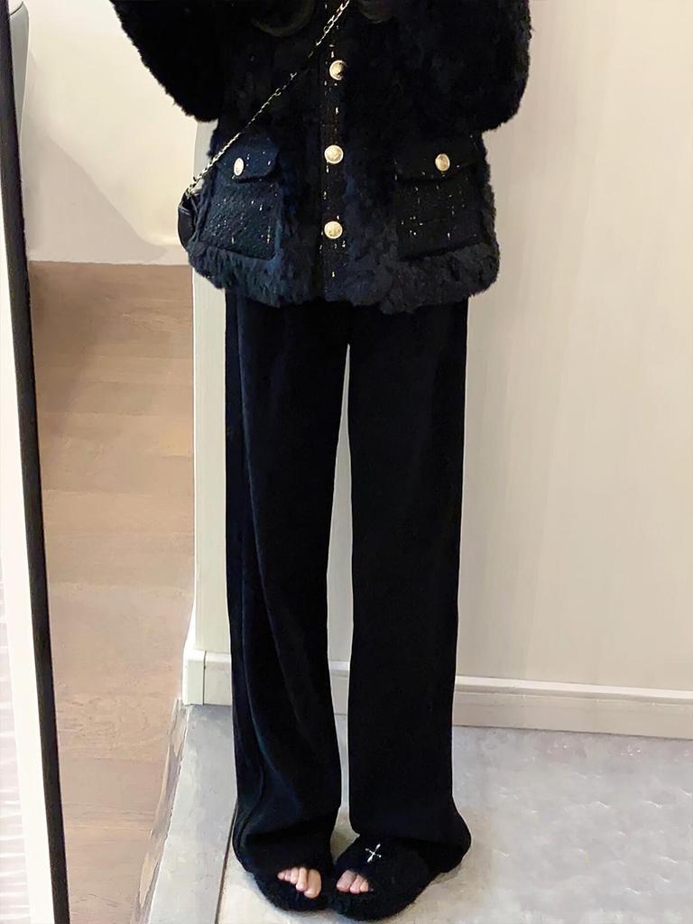Women's Black Chenille High-Waist Corduroy Wide-Leg Pants - Autumn Winter Plus Velvet