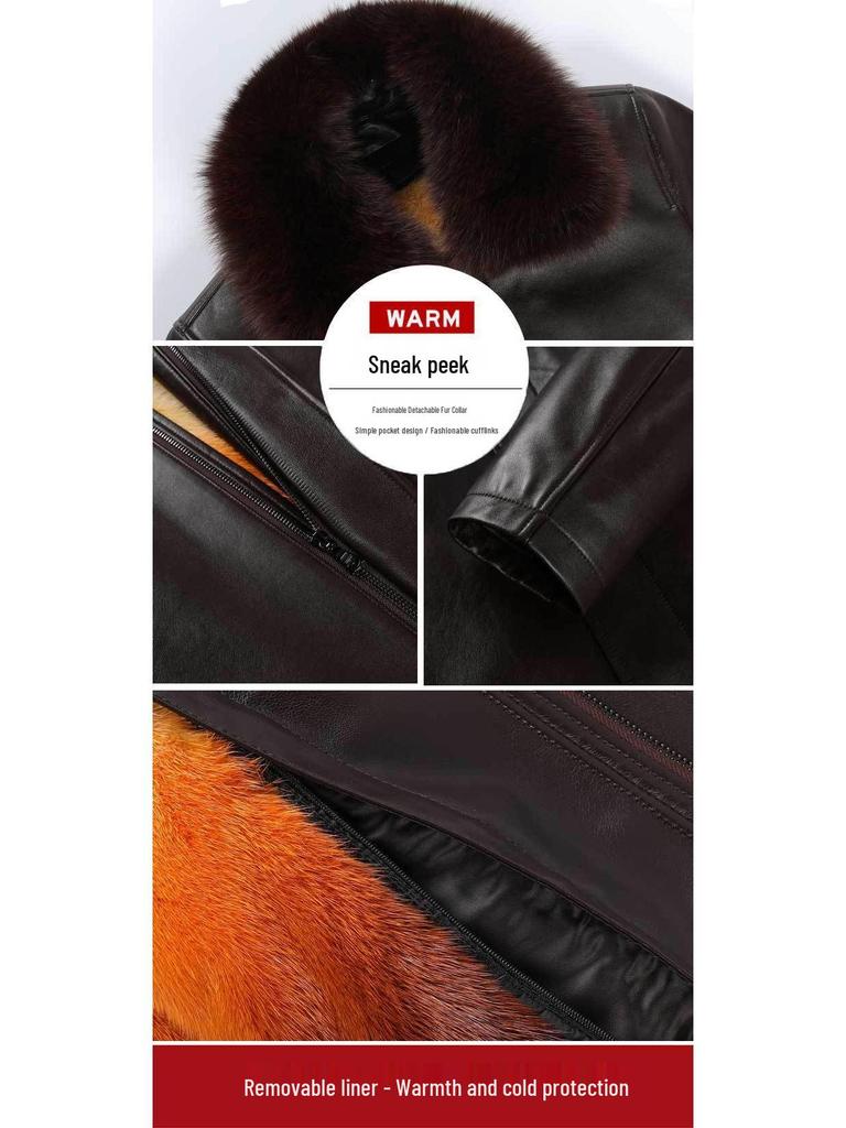 Men's Mid-Length Leather Coat with Fox Fur Collar and Detachable Rabbit Fur Liner – Thick, Warm, Plus Size Jacket for Mid-Aged and Elderly.