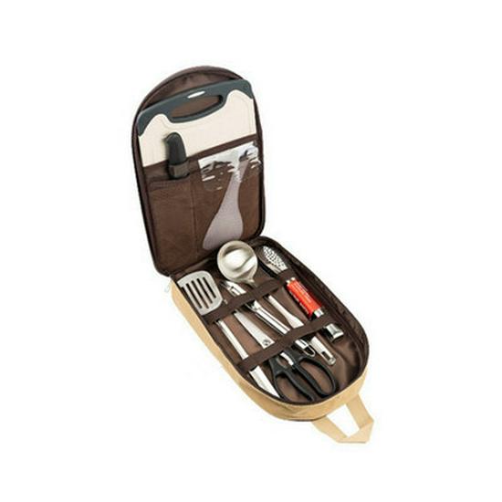 Portable Outdoor Cookware Set: Stainless Steel Cutlery, Storage Bag, and Cutting Board for Camping and Picnics.