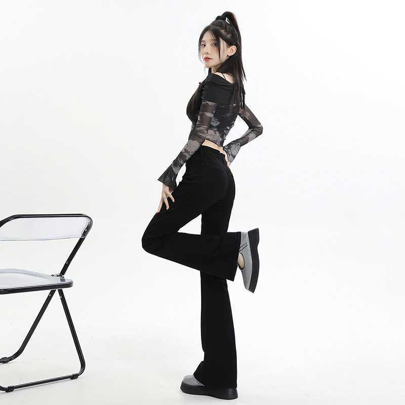 Women's High-Waisted Black Stretchy Slim Micro-Flare Jeans with Velvet Lining