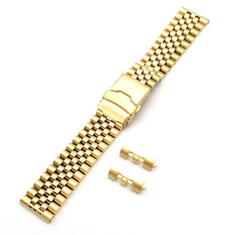 304 Solid Stainless Steel Strap 20mm 22mm Folding Buckle Curved End Men Women 5 Pointer Gold Metal Watch Band Accessories