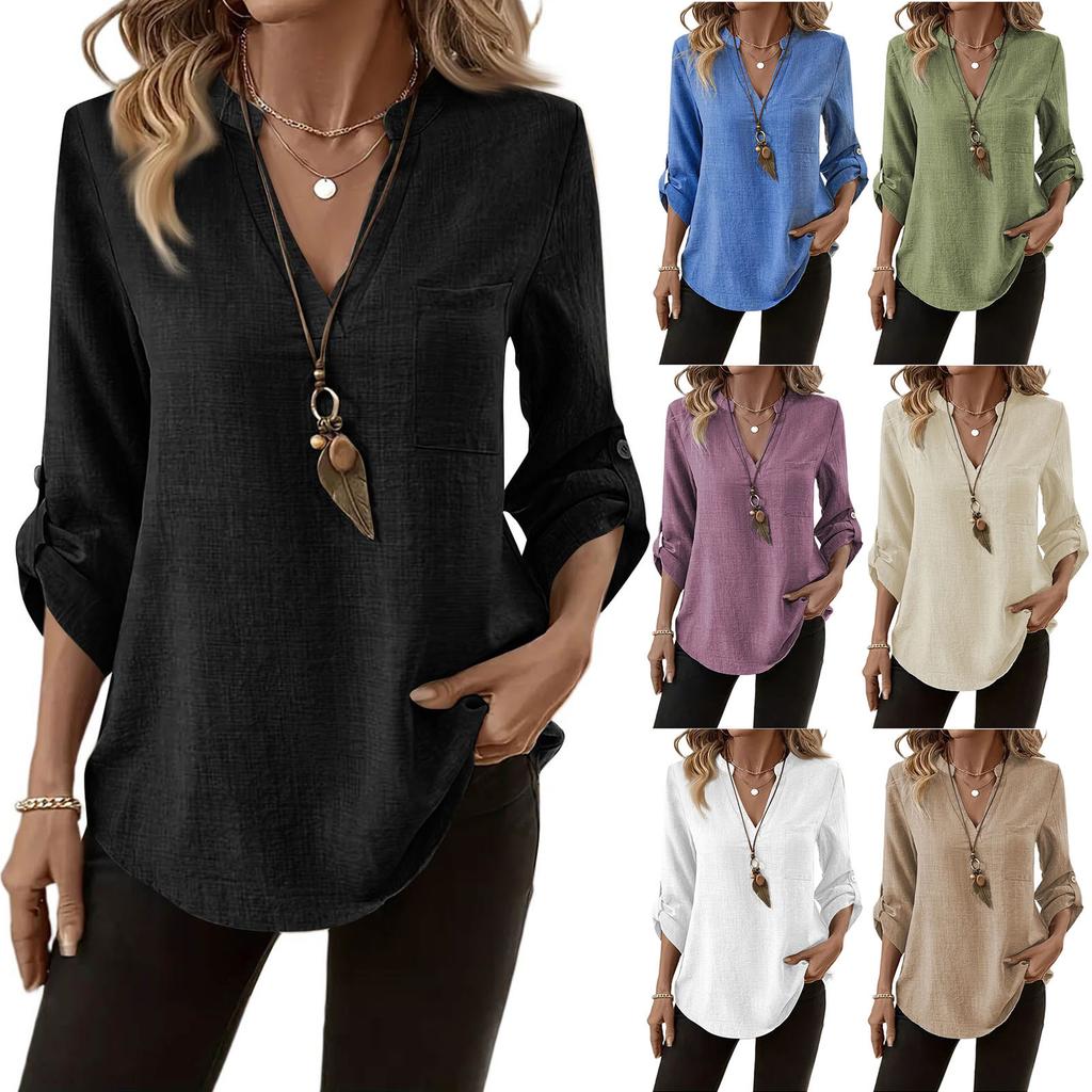 Women's Fashion Nine-minute Sleeve Cotton Linen Solid Colour Casual V-Neck Pocket Blouse Top