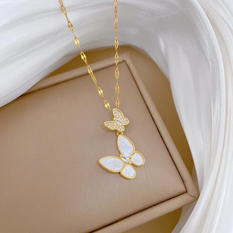 Light Luxury Fritillary Butterfly Micro-Inlaid Real Gold Necklace Women'S Transfer Collarbone Chain With Jewelry