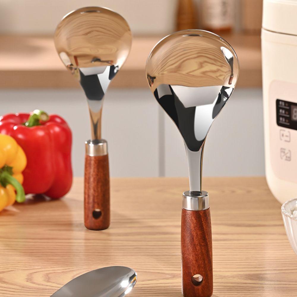2 Piece Upright Stainless Steel Rice Spoon Anti-Stick Wood Handle Dinning Serving Spoon Comfortable Grip Heat-resistant
