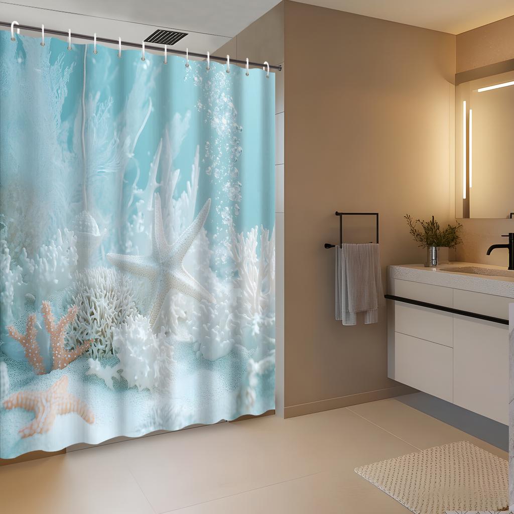 1 Piece Star Art Starfish Pattern Shower Curtain, Polyester Fabric, Machine Washable, Suitable For Bathroom Decoration