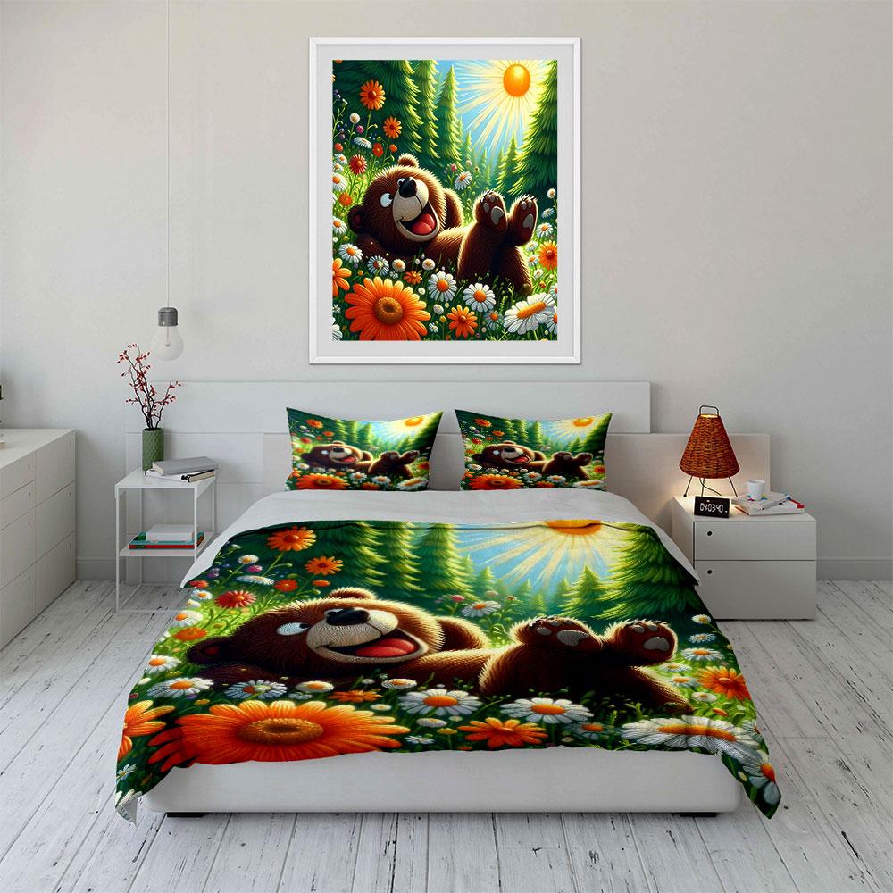 Cheerful Bear Relaxing In Nature Exquisite Three-Piece Bedding Set Gift For Kids And Adults