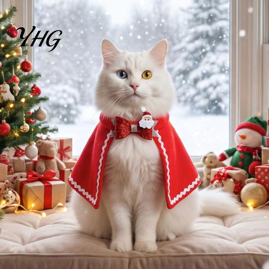Pet Christmas Cape with Bow, Red Cloak for Small Medium Dogs & Cats, Dog Holiday Outfit White Wavy Trim, Festive Costume Apparel Pets