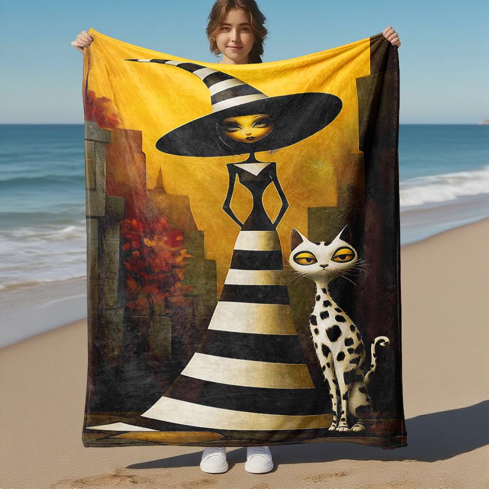 1pc witch, cat Outdoor Flannel Blanket Soft Warm All-Season Throw for Sofa Bed Car Camping Office, Cozy Gift Idea1148S