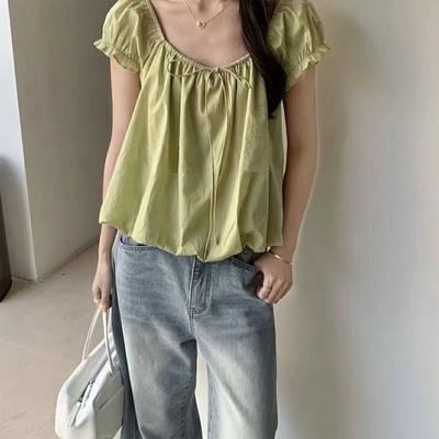 Modische Puffärmel-Shirts Damenbekleidung Süße Kordelzugschleife Sommer Französischer Stil Einfarbig Basic Locker Ballkleid Bluse