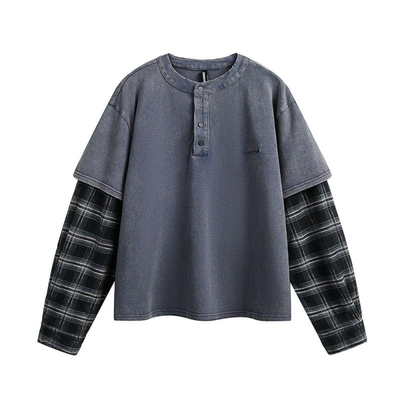 Mens Oversized Long Sleeve Plaid Patchwork