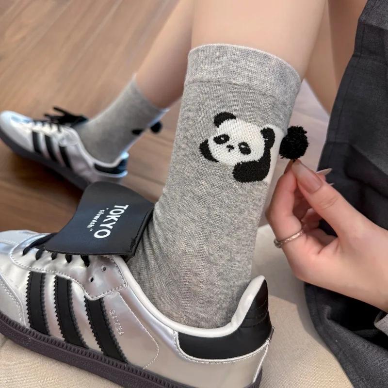 Korean Style Cartoon Animal Socks Women's Cute Mid-Calf Solid Color Panda Long Socks Breathable Moisture Wicking Casual Socks