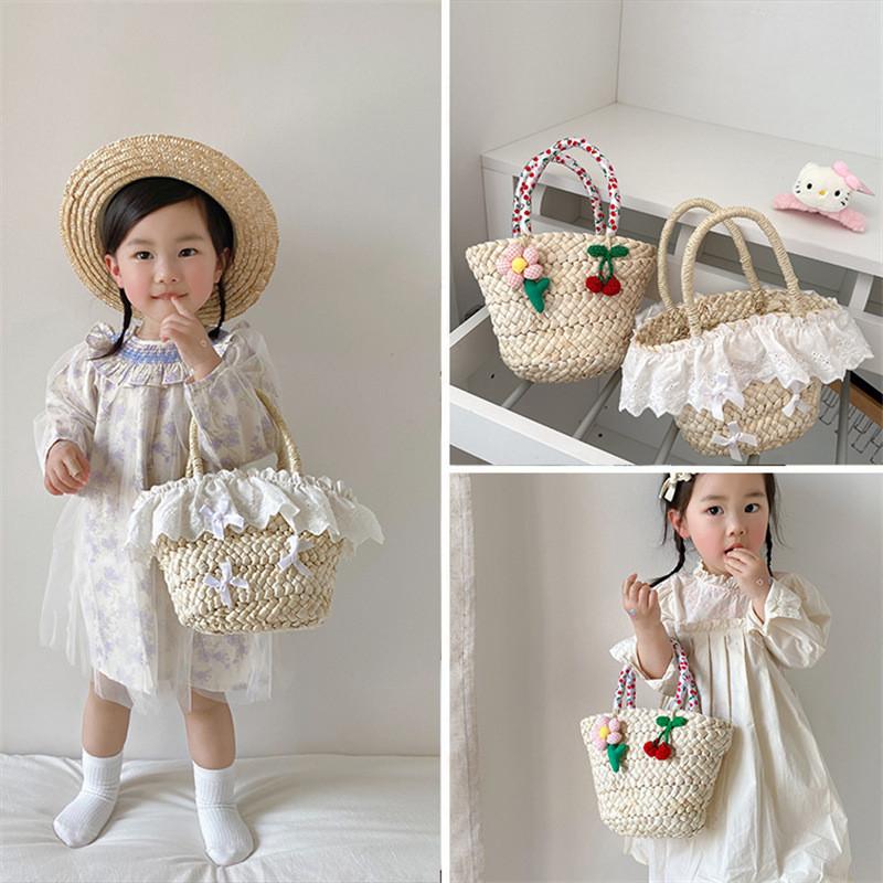 Hand Held Lace Straw Woven Bag With Silk Scarf Handbag For Girl Use Daily
