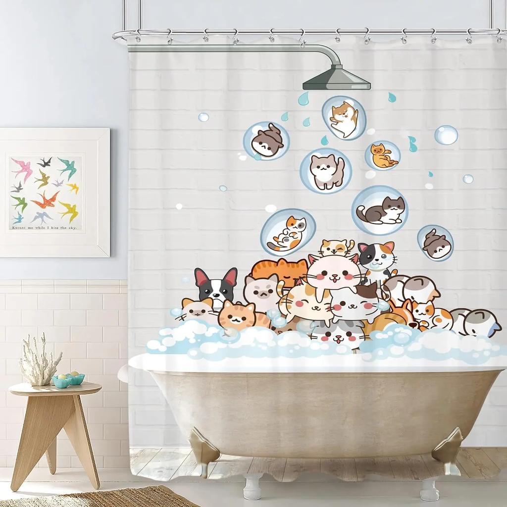 Cartoon Shower Curtain Pet Cat Dog Cute Rainbow Animal Cute Kid Boy Girl Skateboard Home Polyester Fabric Bathroom Decor Curtain