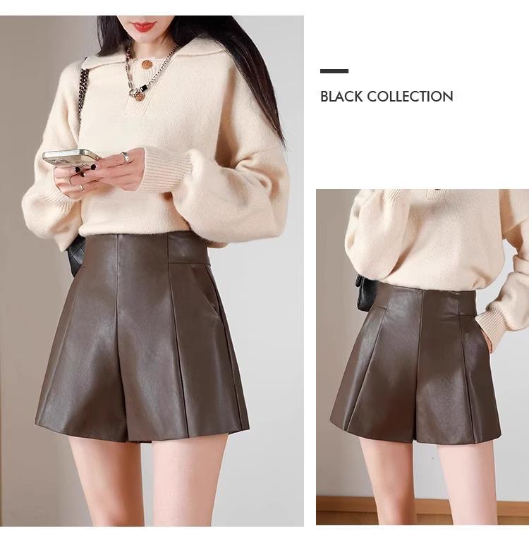 High-Waisted Leather Shorts for Women - 2026 New Style A-Line Slim Fit PU Wide-Leg Bootcut (Autumn/Winter) In Black