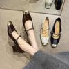 Color Matching Mary Jane Shoes Women's Xiaoxiangfeng Leather Shoes High Heels Single Shoes Women's 2025 New Golden Square Head 4cm Spring and Autumn