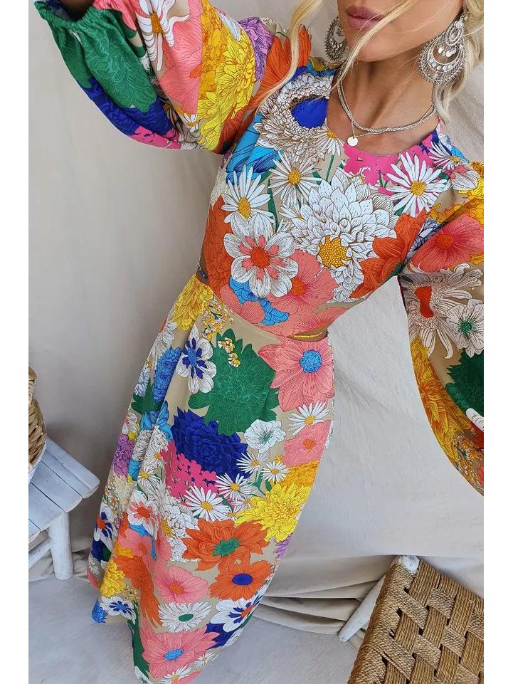 25th Anniversary European & American Autumn/Winter Fashion: Round Neck Lantern Sleeve Dress with Waist-Gathering Print