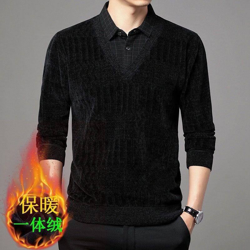 Middle-aged Men's Velvet Thickened Shirts Elderly Winter Clothes Fake Two-piece Base Shirts Men's Warm Sweaters