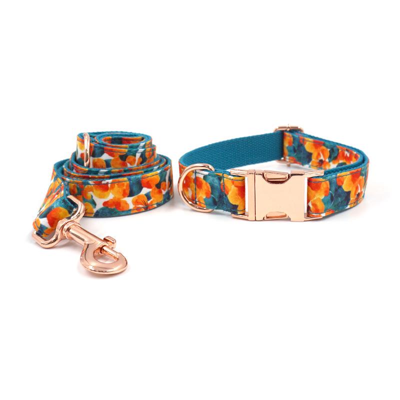 Rose Gold Hawaiian Print Dog Collar & Leash Set - Engravable S