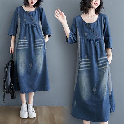 Vestido de Mezclilla para Mujer Vintage Temperamento Simple Patchwork Holgado Largo hasta la Rodilla Rasguños Decoloraciones Manga Tres Cuartos Vestidos Azul
