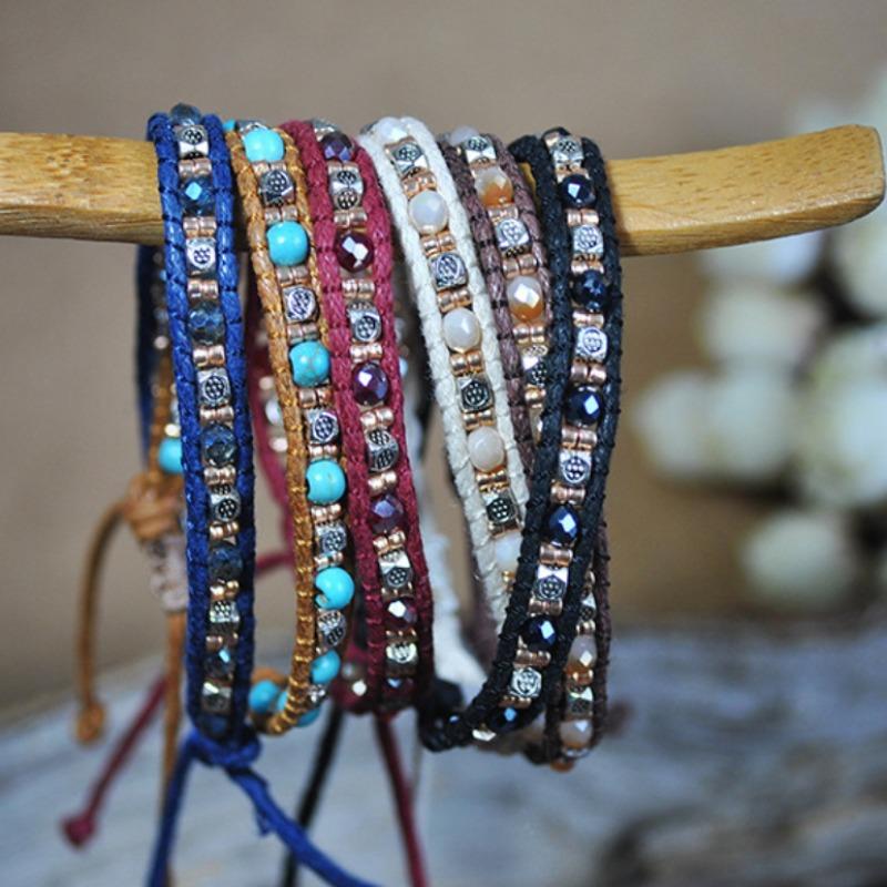 GemChic Women's Ethnic Colorful Rice Beaded Double Strand Braided Rope Stretch Bracelet Classical Retro Birthday Christmas Jewelry Gift