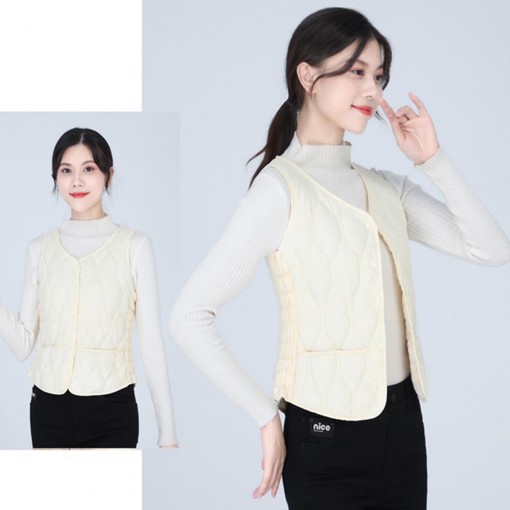 Winter Women Layering Vest Coat Thin Padded Button Closure V Neck Sleeveless Solid Color Windproof Heat Retention Outdoor Down C