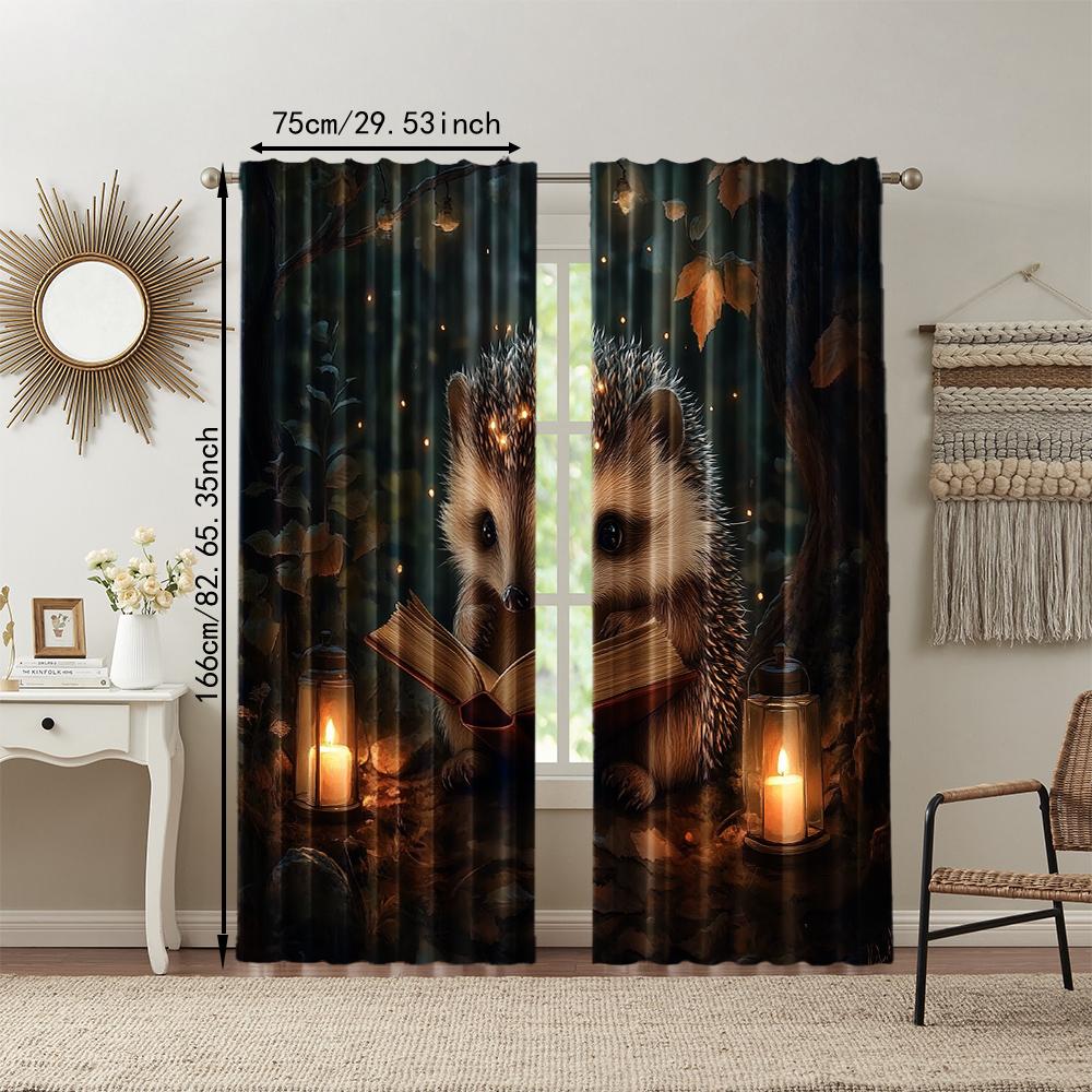 Versatile Polyester Transparent Curtains Home Decoration Hedgehog Reading Use Bedrooms Living Rooms Set Of 2 Made Area Decor