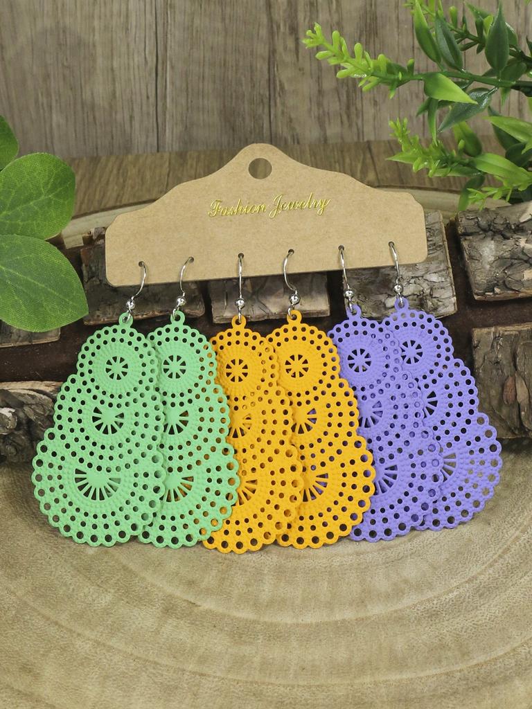 3 Paare Bunte Geometrische Hohle Hängeohrringe Für Damen Böhmischer Urlaub Zirkone Dating Geschenk