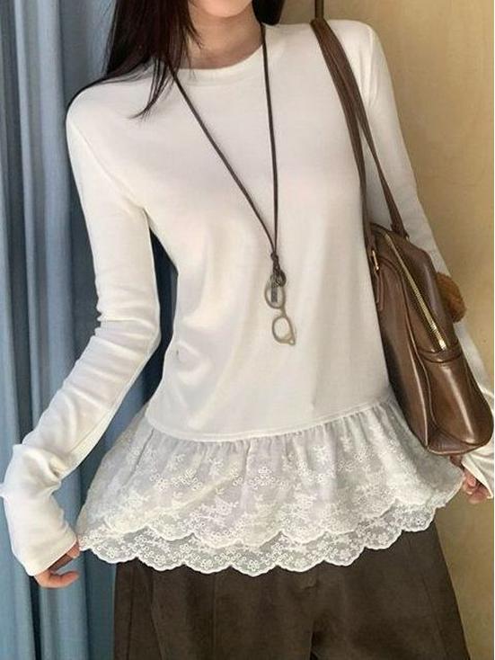 Women's Long Sleeve White Lace Trim Base Shirt - Korean Style Autumn/Winter 2025