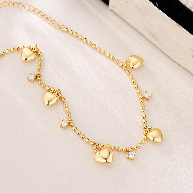 925 Silve Love Heart Anklet for Women Zircon Bead Chain Tassels Sweet Adjustable Jewelry Gift