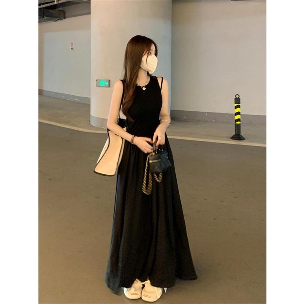 2026 Black Hepburn-Style French Sleeveless Spaghetti Strap Long Dress for Women - Spring/Summer